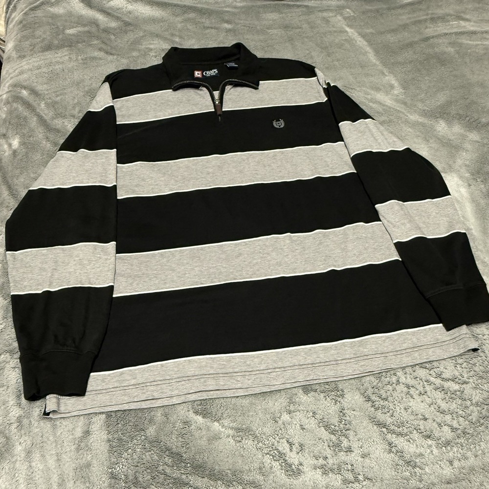Ralph Lauren Chaps 1/4 Zip Rugby Black W/ Grey Stripes & Crest Men’s XXL